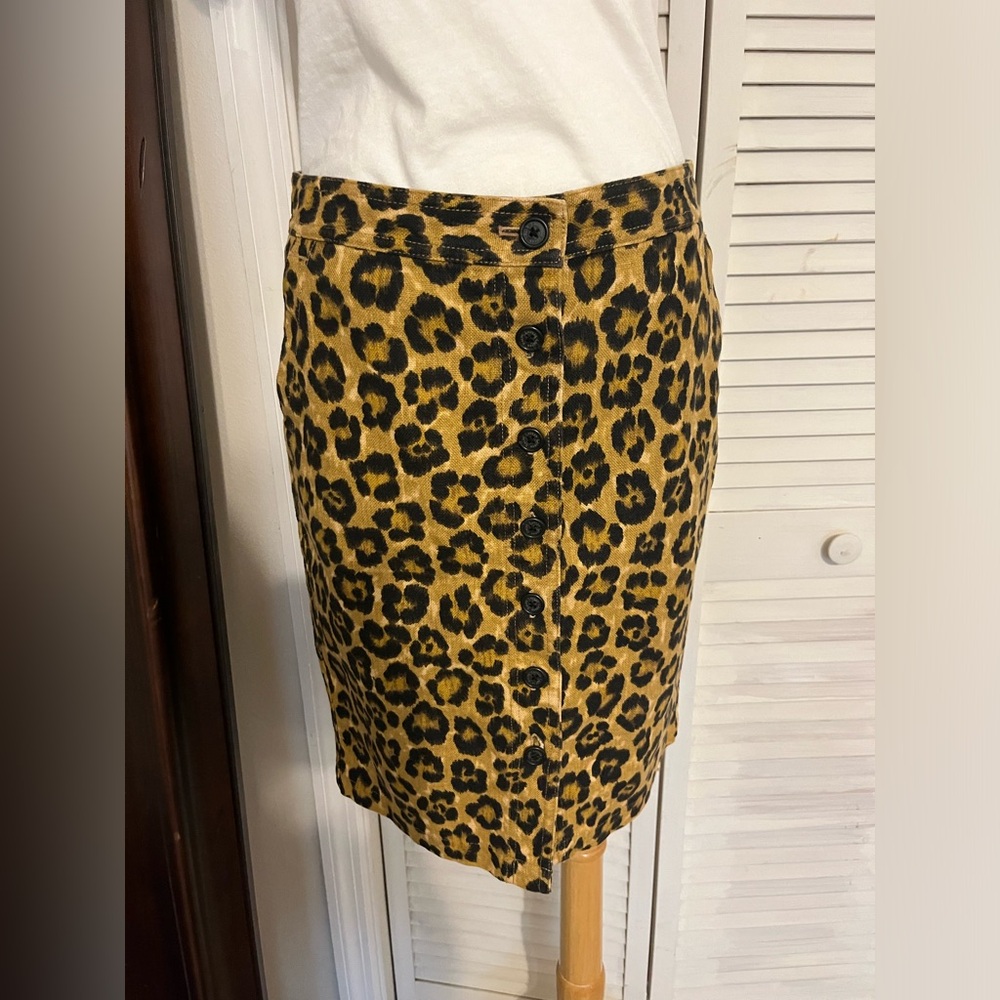 Lauren Ralph Lauren Leopard Animal Print Button Front Skirt Linen/Cotton Size 4